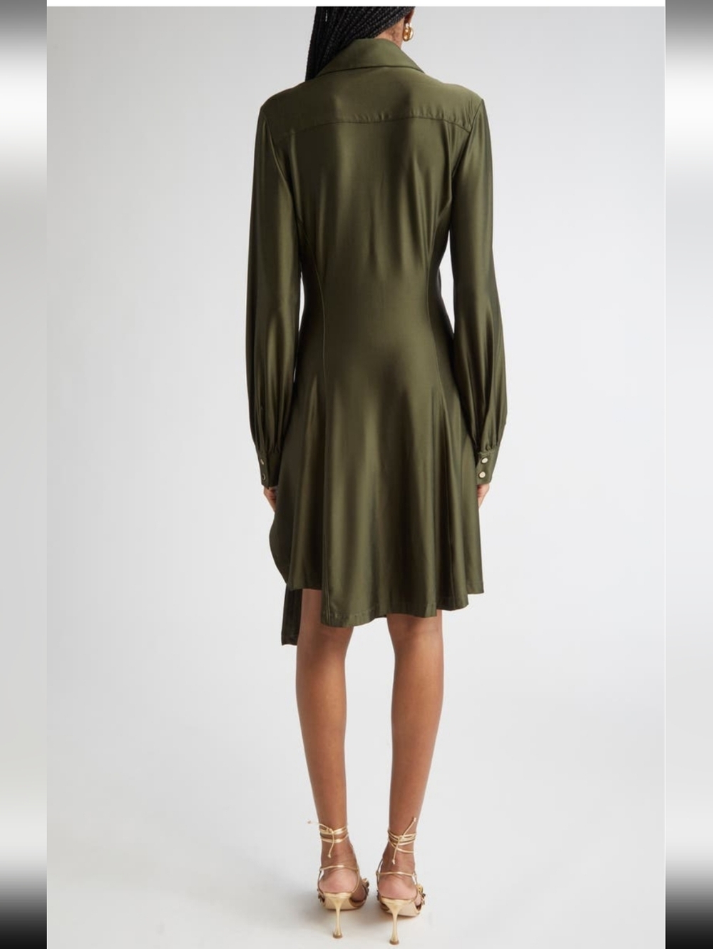 ✨️ Rabanne Button Embellished Draped Olive Green Long Sleeve Shirt Dress - Picture 6 of 15